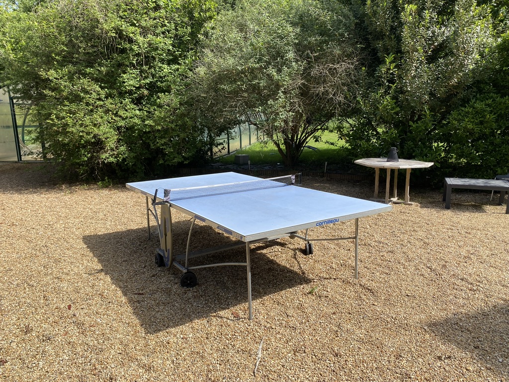 Table de ping-pong installée sous la pergola